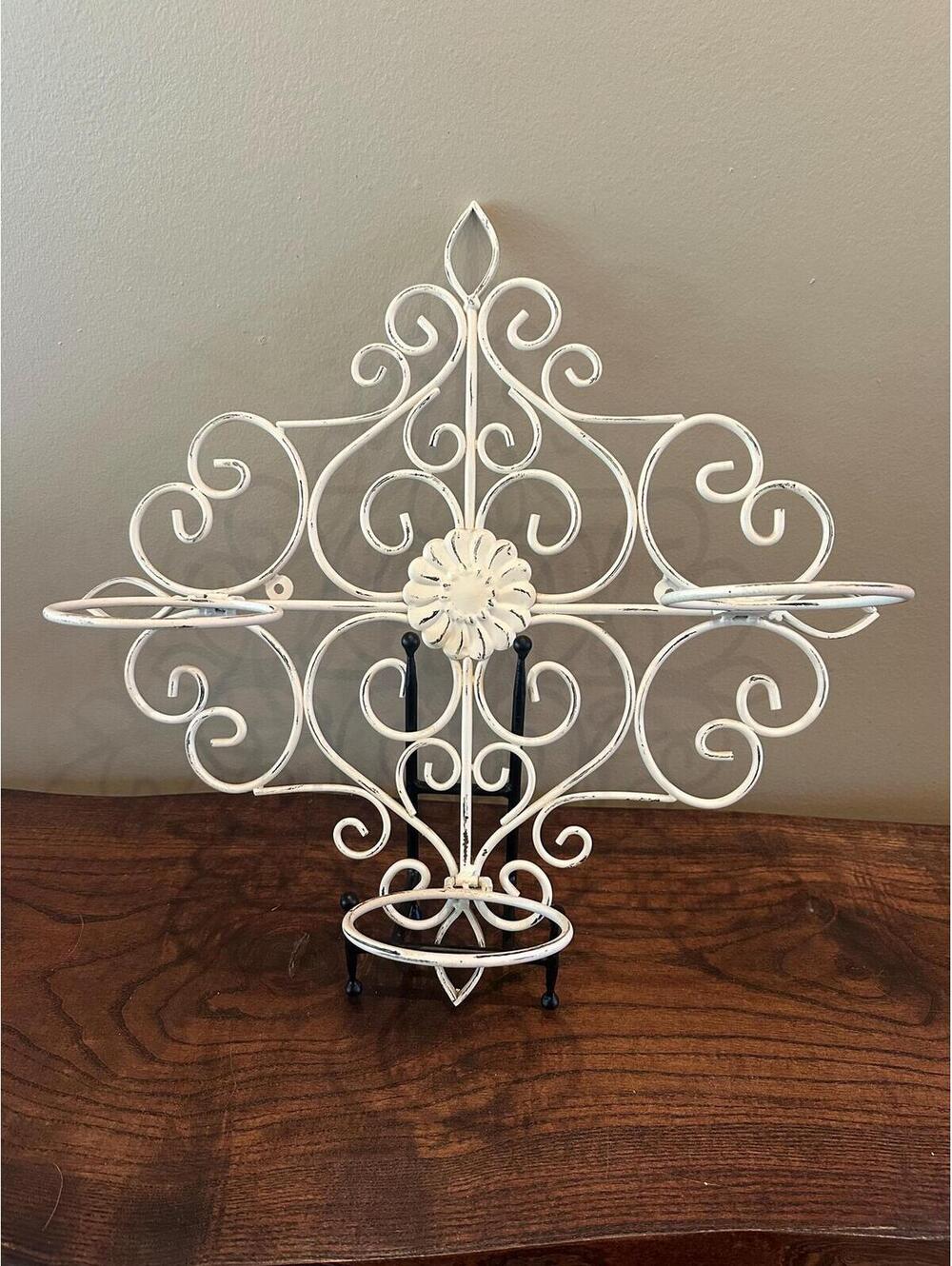 Vintage Cream Metal Ornate Scroll Plant Holder Wall Decor